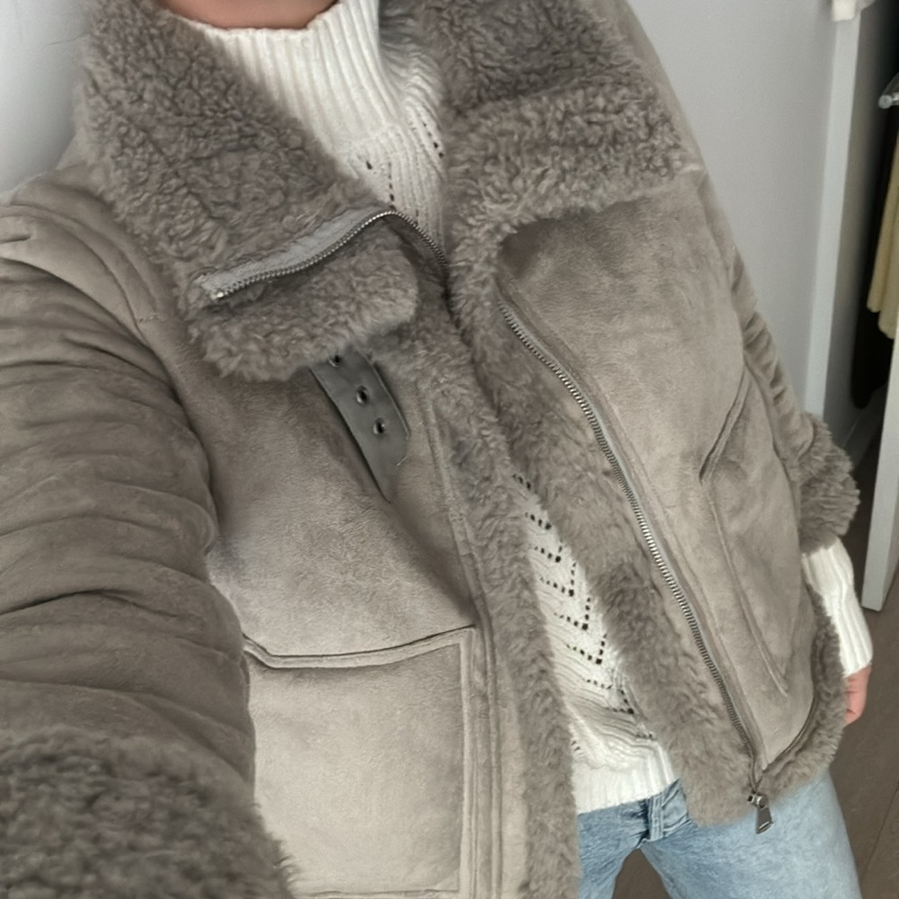 Grey shearling style bomber jacket